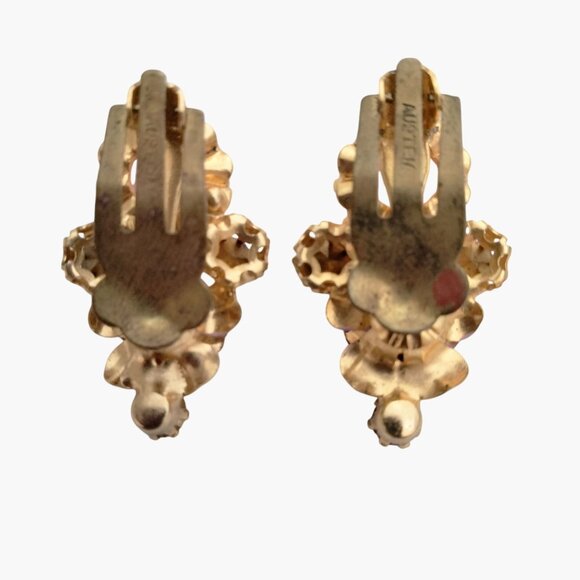 Pink Rhinestone Clip On Earrings Enamel Floral Vintage - Picture 3 of 3